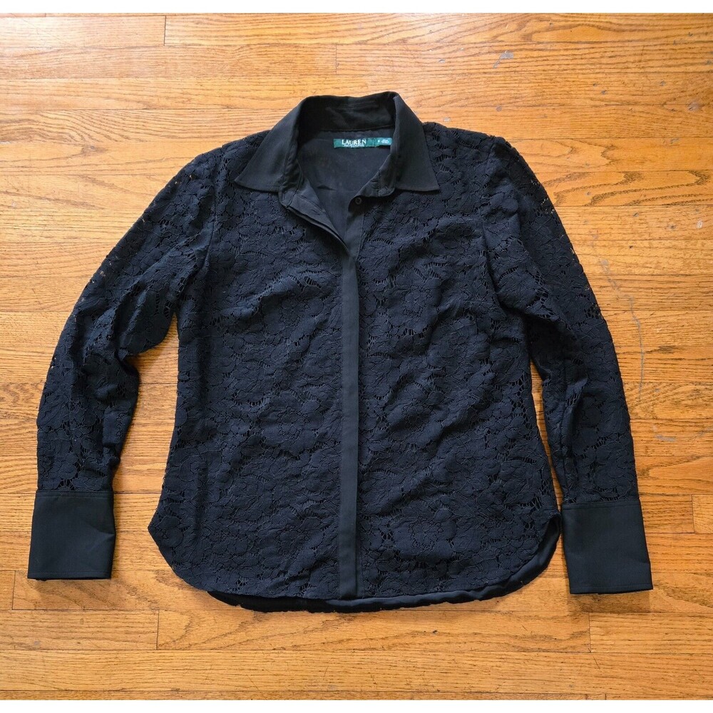 Lauren Ralph Lauren Womens Medium Black Floral Eyelet Detail Button Up Blouse